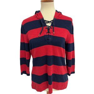 LRL Lauren Jeans Co. Women's 3/4 Sleeve Red And Navy Blue Striped Blouse Size L